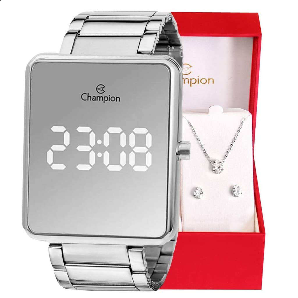 Relógio Champion Feminino Digital Prata Espelhado Colar Brincos CH40086S Relógio De Pulso Feminino