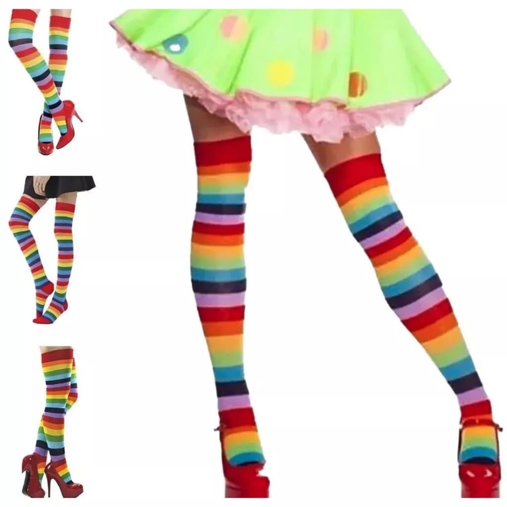 Meia Listrada Colorida Arco Íris Meião Stocking 7/8 Fantasia Cosplay