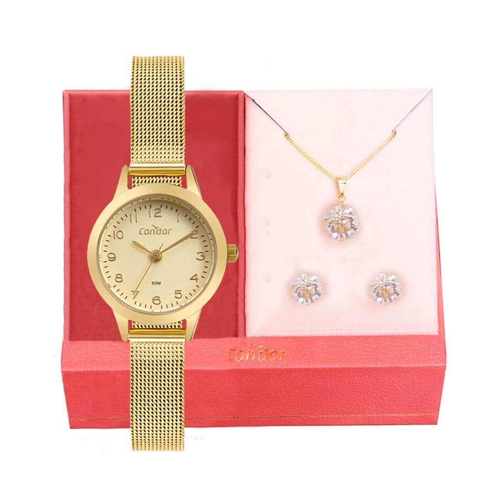 Relógio Feminino Condor Dourado Original + Conjunto  Colar e Brincos CO2035MZS/K4K Relógio De Pulso