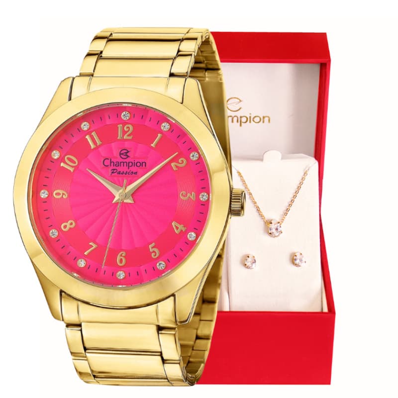 Relógio Feminino Champion Analógico Dourado Rosa Prova D'agua CN29409J + Conjunto Colar e Brinco