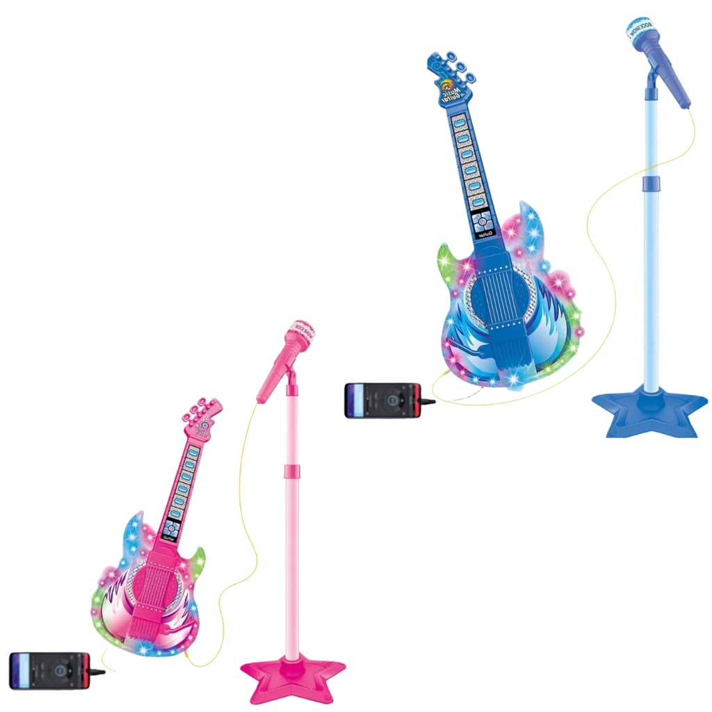 Guitarra E Microfone Brinquedo Infantil Conecta Celular Luz Menino Menina Voz Pedestal