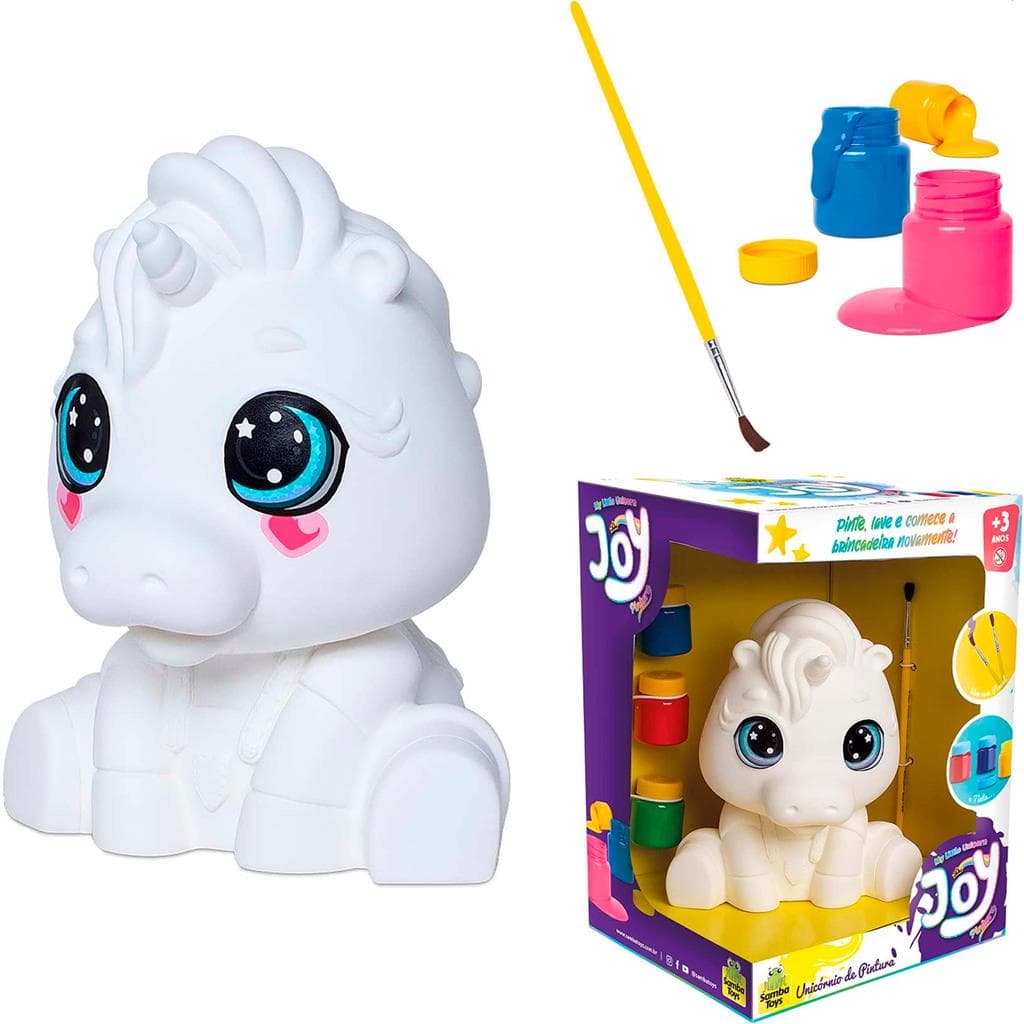 Unicornio Brinquedo De Pintar Para Colorir Boneco Branco Com Tinta E Pincel Em Vinil Macio Kit Joy Pintura - Samba Toys