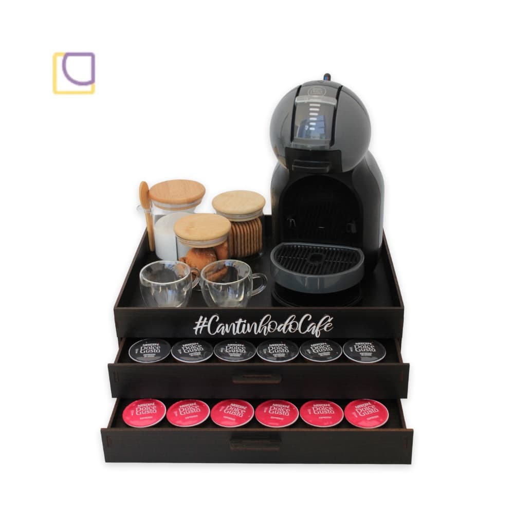 Porta Capsulas Dolce Gusto e Bandeja Organizadora Comoda 2 Gavetas Suporte Cápsulas Café Chá Mdf Cor Marrom Tabaco Cafeteira Decoração Servir Café Chá Xícara Bule Garrafa