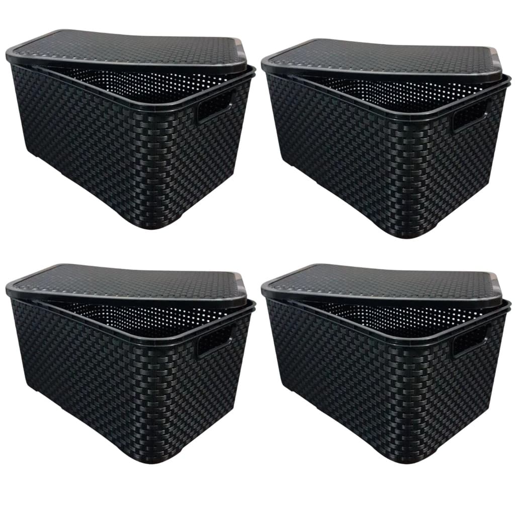 Kit 4 Caixa Organizadora Rattan 15 Litros Cesta Multiuso Com Tampa Empilhavel Cozinha Quarto