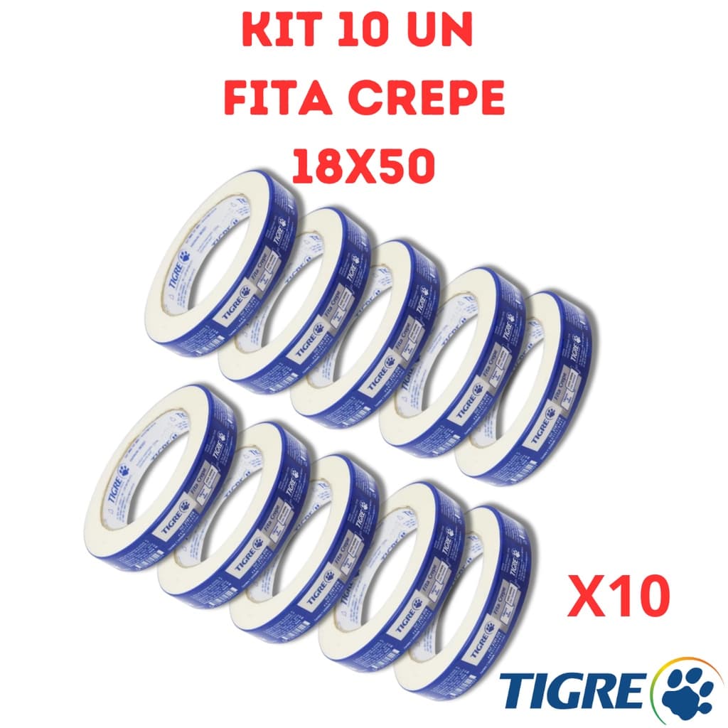 Fita Crepe Branca Tigre Kit 10UN 18X50 Fita Fina Uso Geral Fita Pintura Fita De Pintura 50 Metros