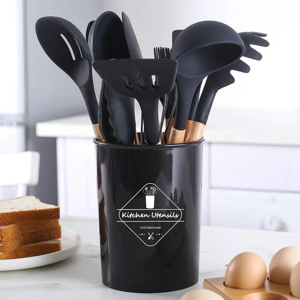 Kit C/12 Peças Utensílios De Cozinha Colheres Espatula Silicone Cabo Madeira Decoração Livre BPA