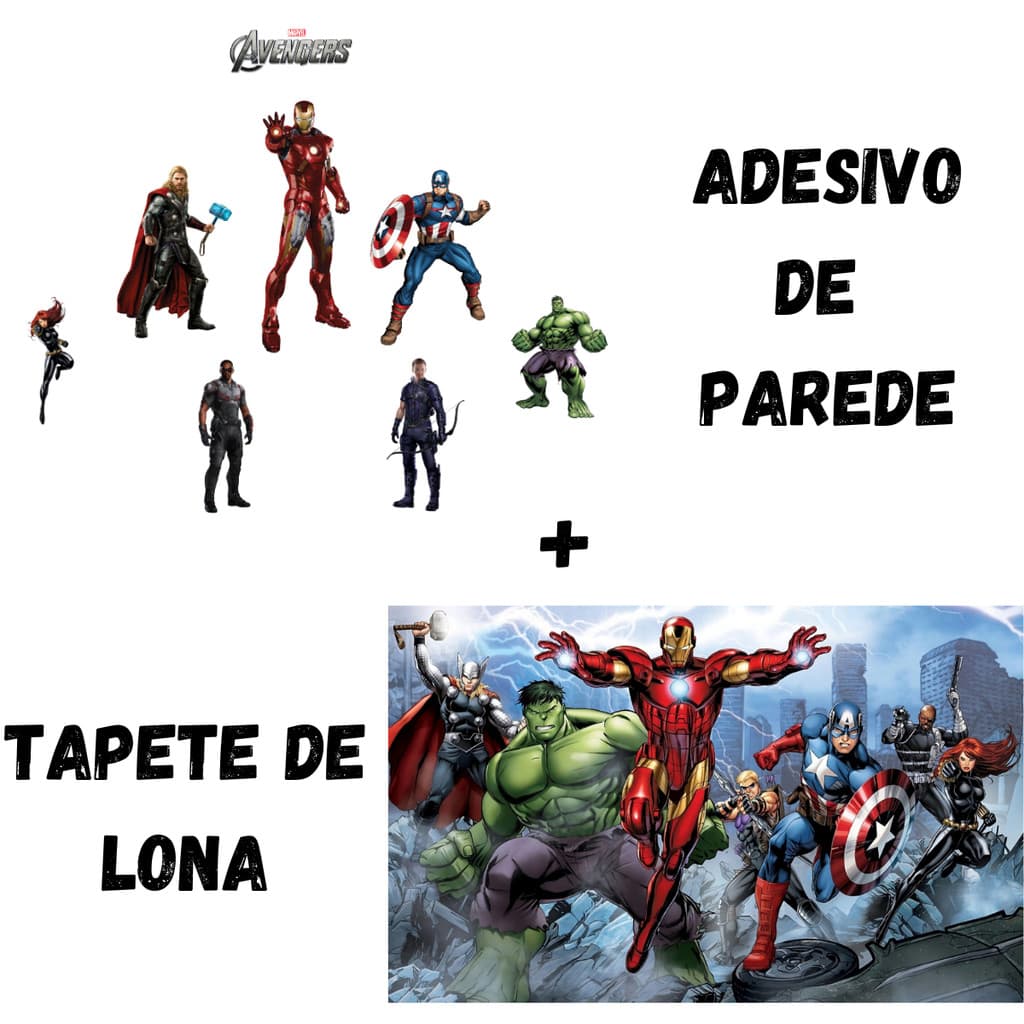 Kit Tapete Painel de Lona + Combo de Adesivos Vingadores Grande Decoração de Quarto e Festa de Aniversário 140x100cm