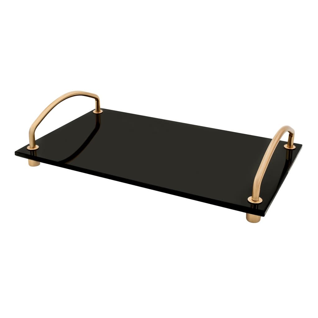 Bandeja Decorativa Base De Vidro Preto Alças Dourada 25x15cm Aparador Bancada Casa Cozinha Banheiro