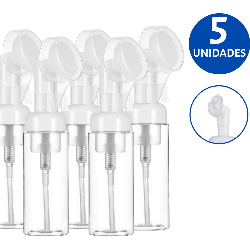 Kit 5 Frascos Pump Para Limpeza Facial Skin Care C/ Escova Macia