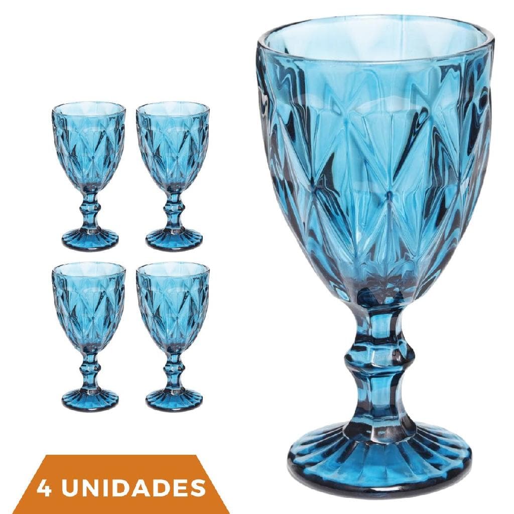 Jogo Copo Taça Vidro Diamante Azul Para Agua 300ml - 4Un