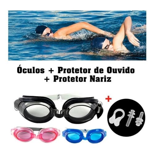 Óculos Natação Infantil Ajustável + Protetor Ouvido + Protetor de Nariz Mergulho Piscina Praia