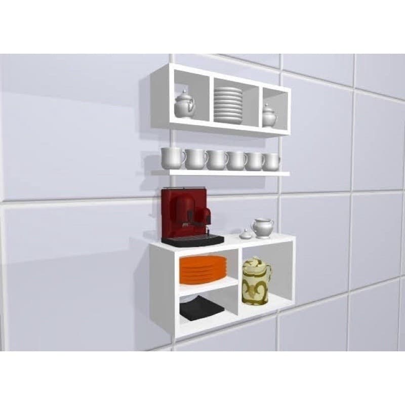 Cantinho Do Café Nicho 3 Peças Prateleira Aparador Decorativo Cozinha Mdf Branco  100% MDF
