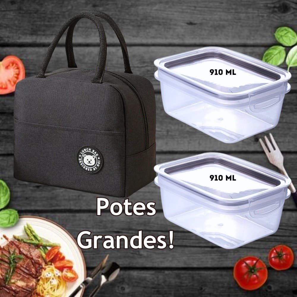 Kit Bolsa Térmica + 2 Potes Marmita Grande 910ml com Tampa e Trava Fitness Freezer e Microondas