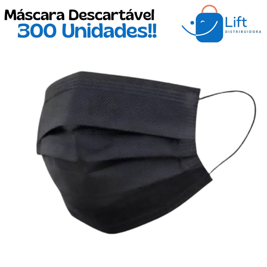 Kit 300 Máscaras Descartáveis Preta Com Clipe Nasal Tripla Camada