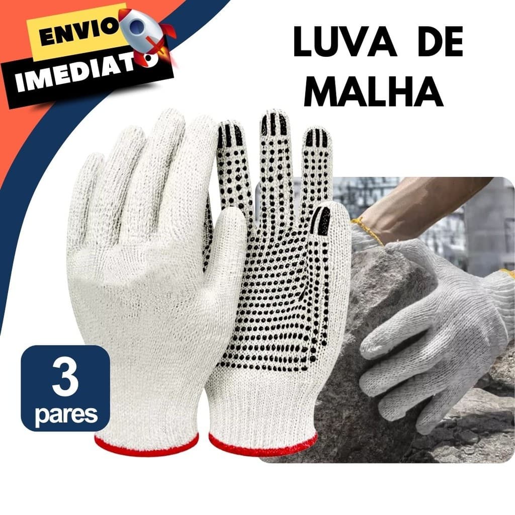 Kit 03 Luva Tricotada Pigmentada Jardinagem Proteção EPI Algodão Aderência Conforto Trabalho Leve