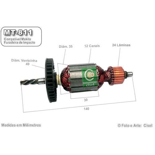 Induzido compatível Makita MT-811 / MHP-130 / MHP-131 - Furadeira - Eixo: 140 mm