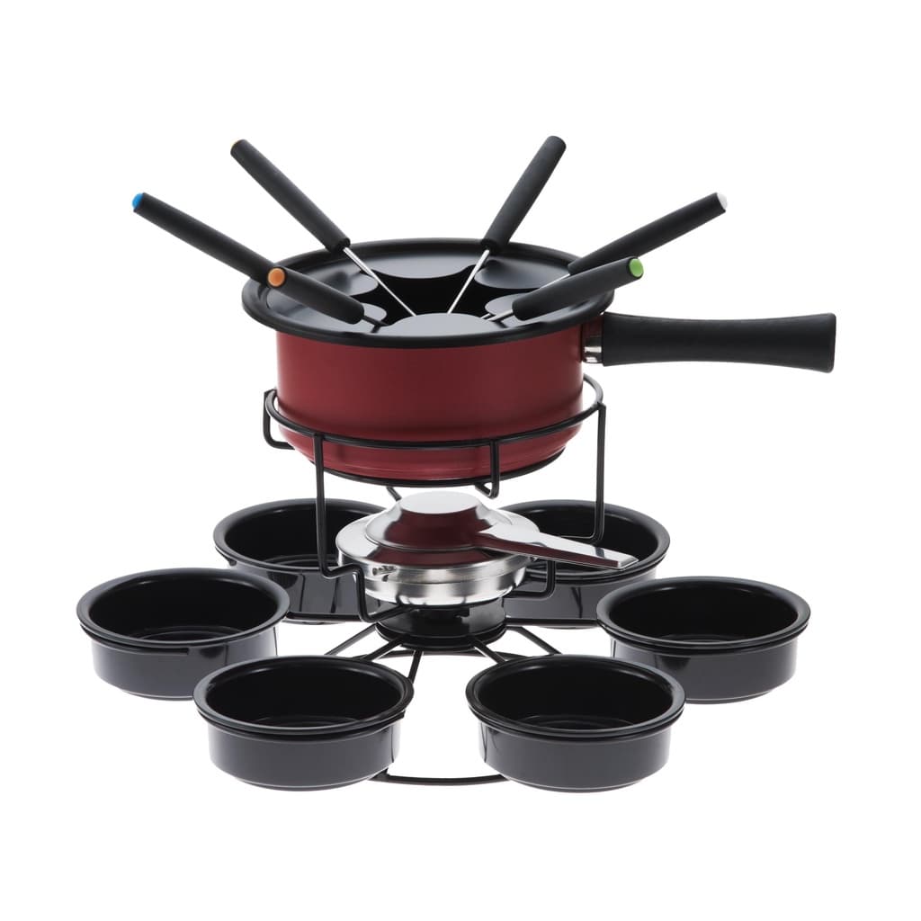 Aparelho De Fondue Antiaderente Giratório Vermelho 16 Peças Serviço Kit Conjunto Base Rotatoria
