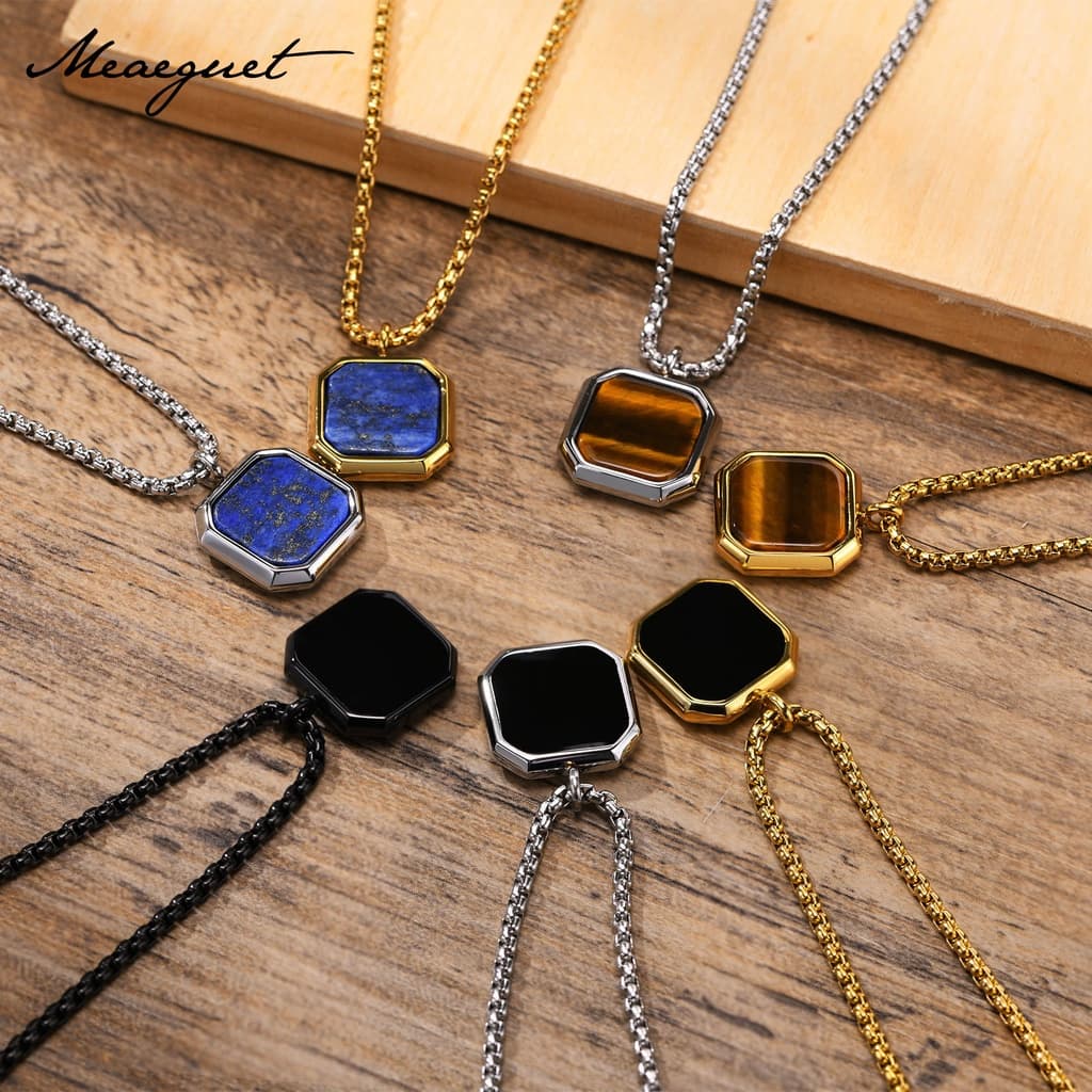 Colar Pingente Quadrado Meaeguet Turquesa/Black Onyx/Lapis Lazuli De Aço Inoxidável Para Homens