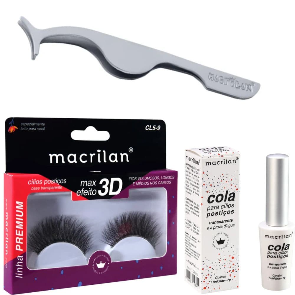 Kit Cílios Fios Longos + Pinça + Cola - Macrilan - CA-001 + CL5-9 + PI-11