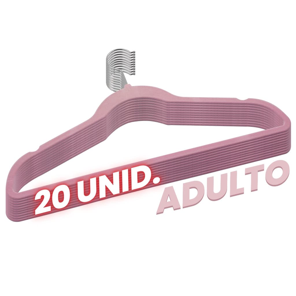 Kit 20 Cabides 45cm Veludo Rosa Slim Antideslizante Roupa