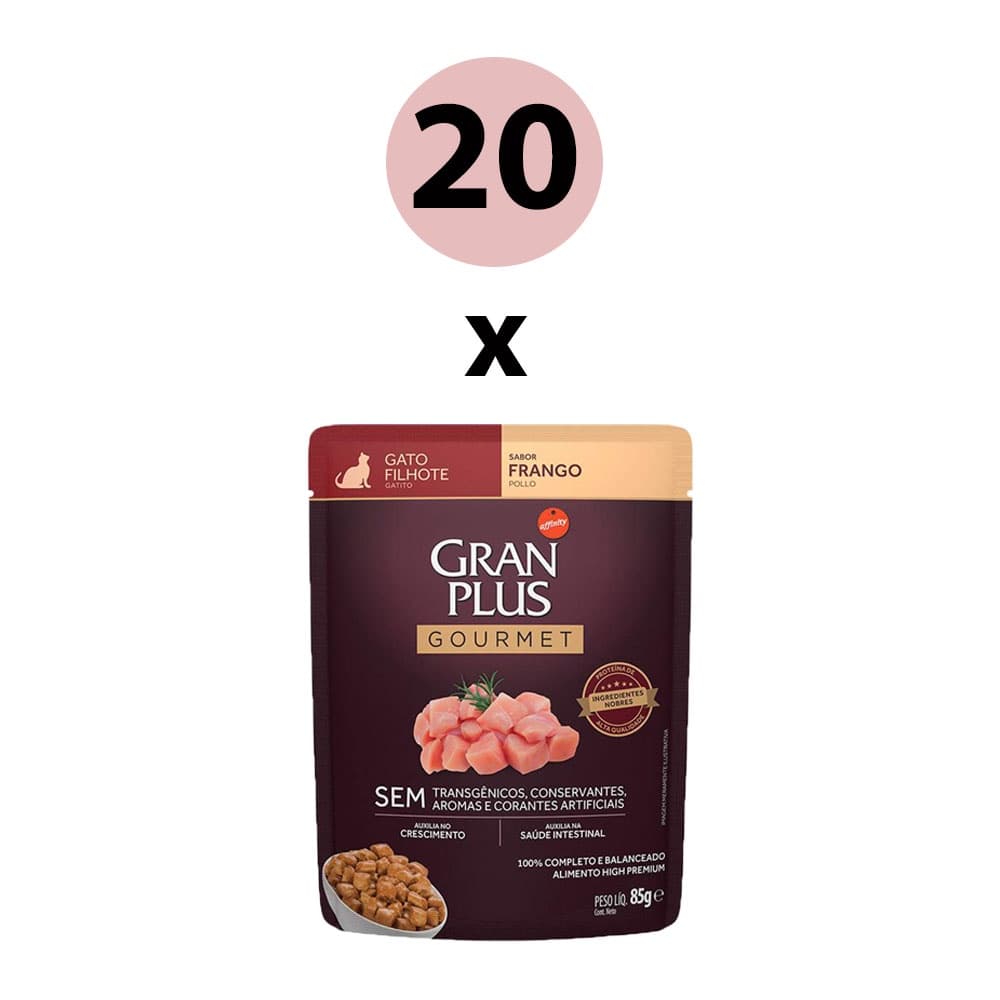 Ração Úmida Gran Plus Gourmet Gatos Filhotes Frango Sachê 85g - KIT 20