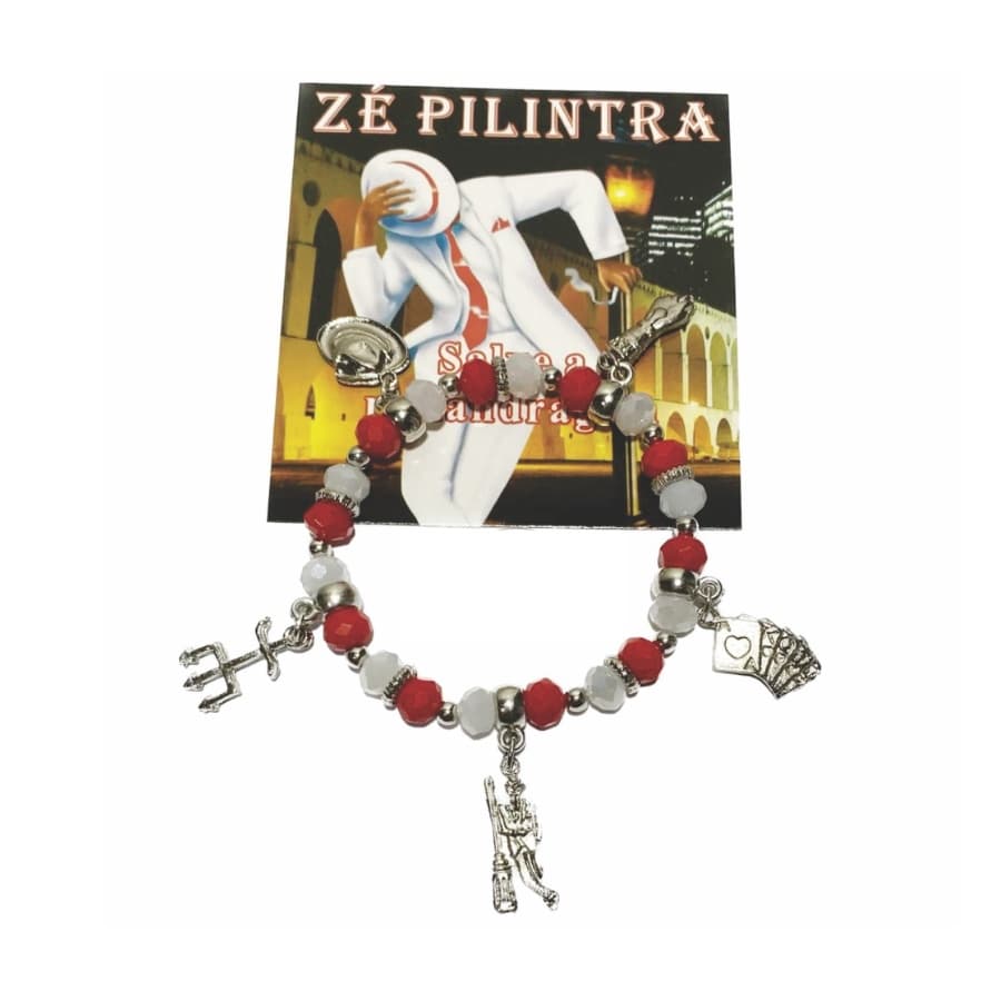 PULSEIRA DE CRISTAL ZÉ PILINTRA - 5 PINGENTES DE METAL CROMADO
