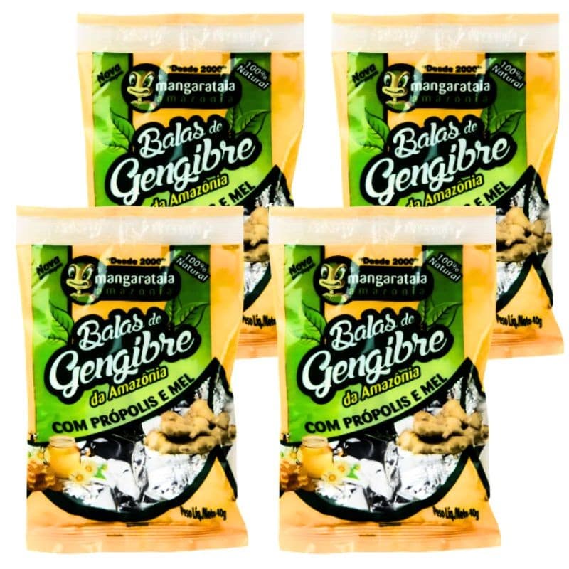 Balas de Gengibre da Amazônia com Própolis e Mel  - 4 pacotes de 40 g - 100% natural