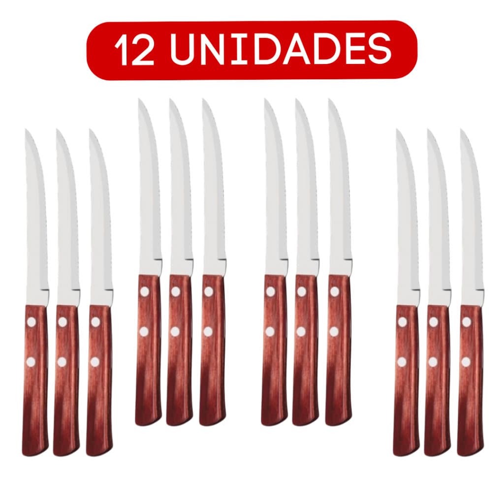 Faca Cabo de Madeira Serra com Ponta Aço Inox  12 Talher Peças Wood Mesa Bambu