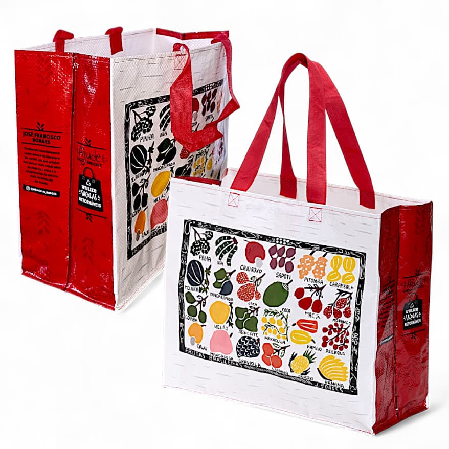 Ecobags Sacolas de Ráfia Reutilizáveis 40x35x18 Kit c/ 5 Unidades Capacidade 15Kg Estampa Frutas Brasileiras