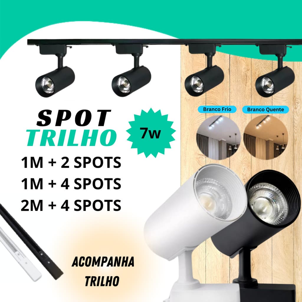 Kit Trilho Eletrificado SPOT LED 7W BRANCO OU PRETO COM TRILHO 1M e 2M COZINHA VITRINE LOJA SALA