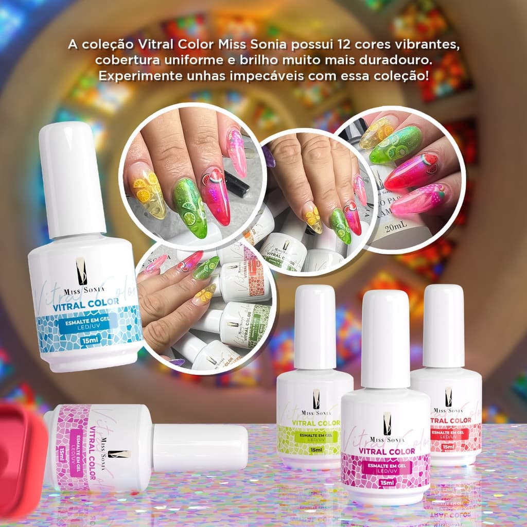 kit 4 Esmaltes em Gel Vitral Transparente Unhas UV LED Miss Sonia 15ml