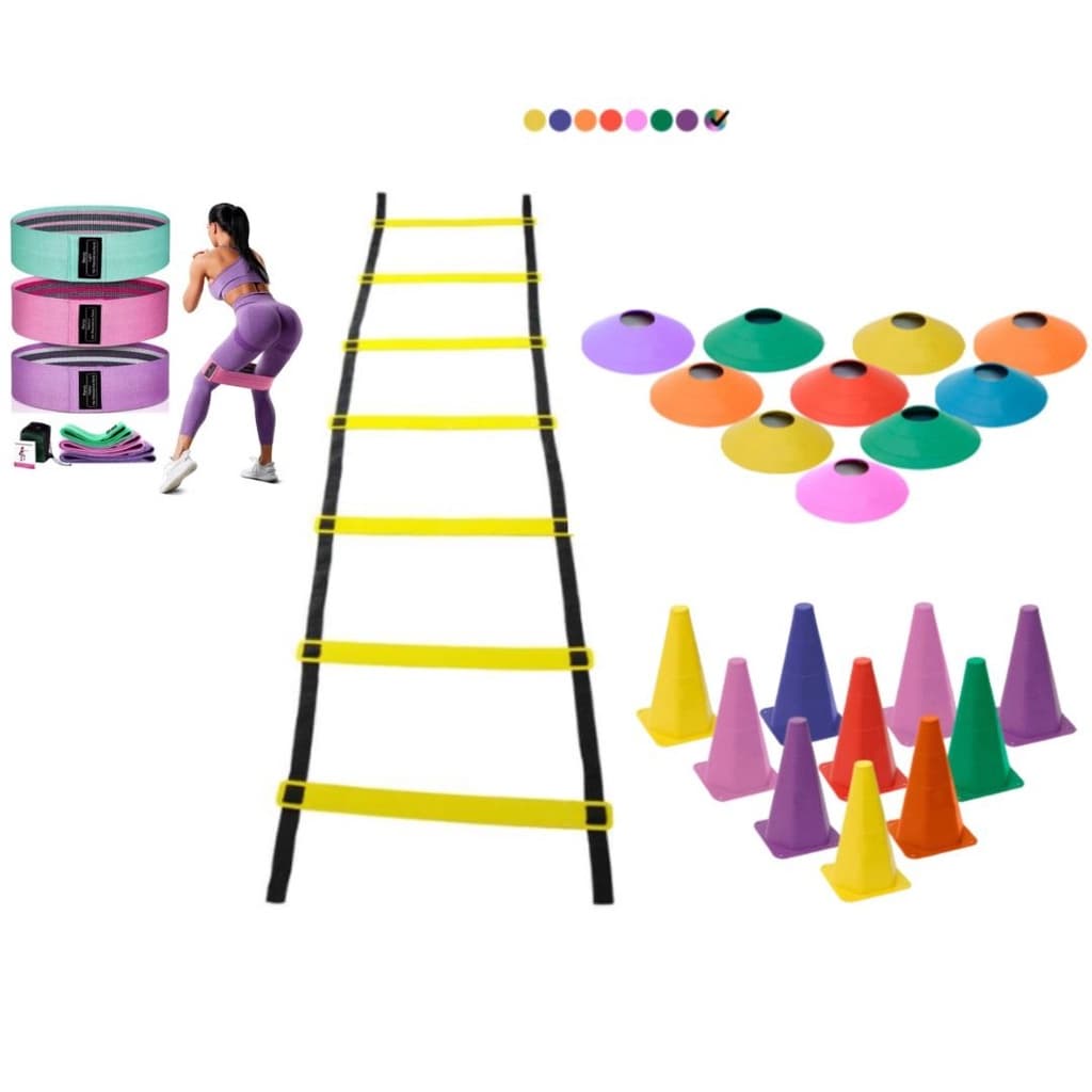 Kit Funcional Treino Agilidade Escada 7 Degraus 10 Cones 10 Chapéu 1 Kit Hip Mini Band 3 Faixa