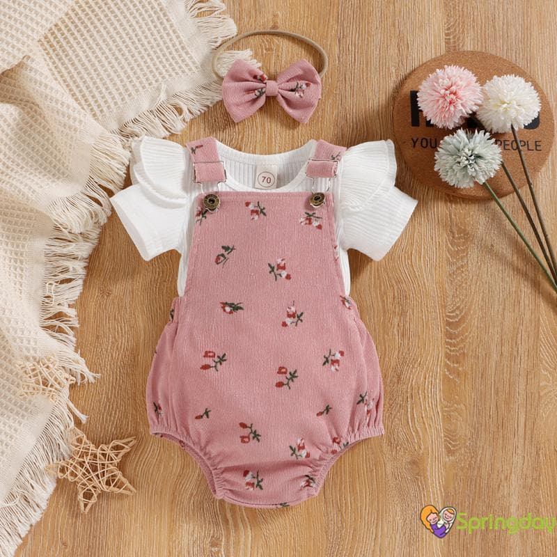 Conjunto de Verão para Infantil Bebês Meninas Blusas Lisas com Suspensório de Flores Macacão e Faixa de Cabeça,0-18 M
