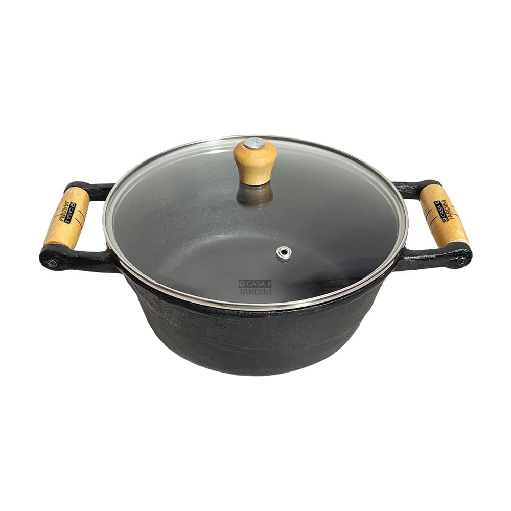 2 Panela de Ferro Grande Caçarola Alça Madeira Tampa Vidro