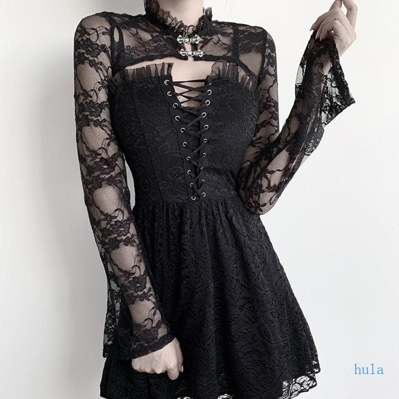 Women Flare Longa Colarinho Floral Renda Ver-Through Black Cardigan Crop