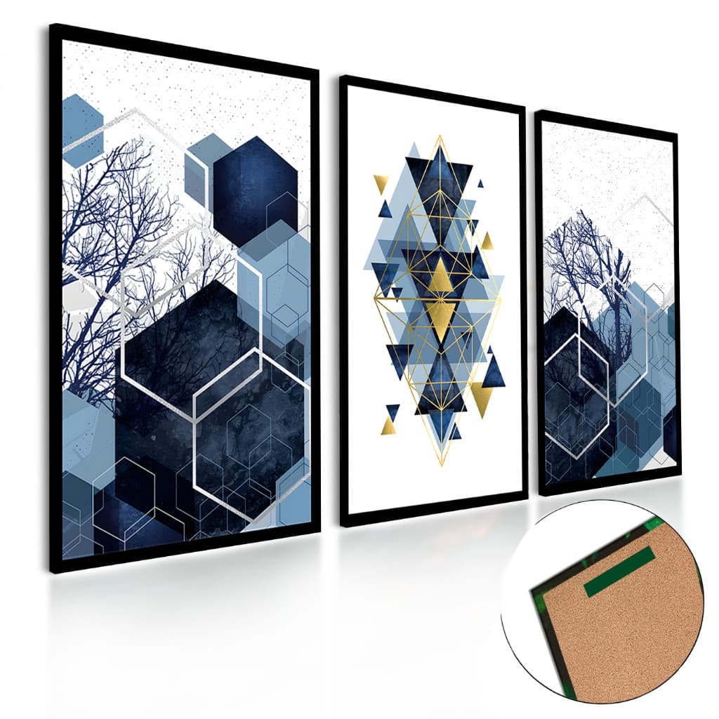Kit 3 quadros decorativos árvore formas geométricas azul luxo