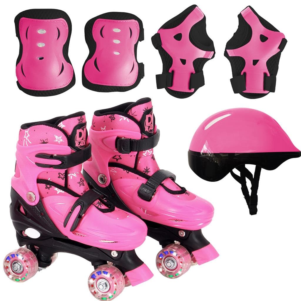 Patins Infantil Rosa Menina Com Acessorios Roller Ajustavel Com Led Nas 4 Rodas - Dm Toys