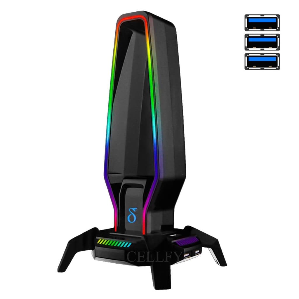 Suporte Fone de Ouvido Gamer Headset RGB c/ Hub USB 3.0