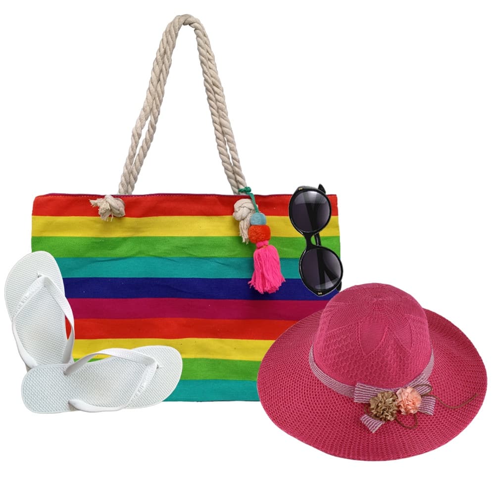 Combo Chapéu De Palha Pink Com Bolsa De Ombro, Chinelo E Oculos De Sol, Para Praia, Piscina, Passeios - Primavera Verão