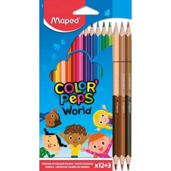 Lapis de Cor 12 Cores + 3 Lapis Tons de Pele Colorpeps World - Maped