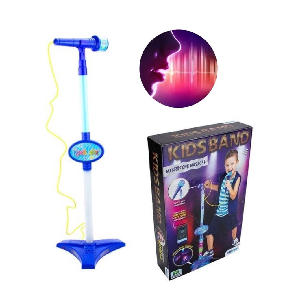 Microfone Infantil Brinquedo Pedestal com Luz Conecta MP3 Celular
