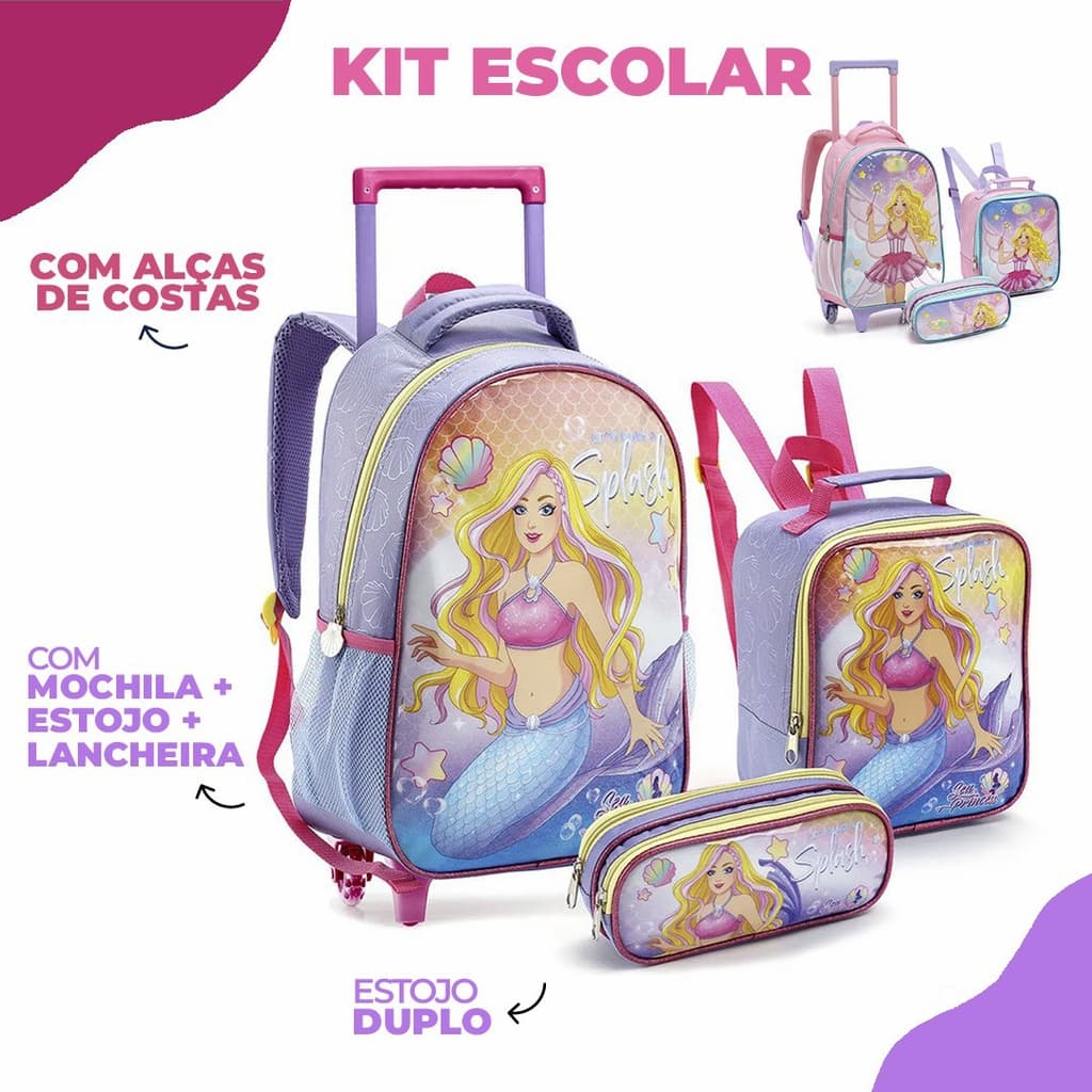 Kit Mochila Rodinha + Estojo Duplo + Lancheira Princesa Sereia Fada Sea Princess Escolar Infantil