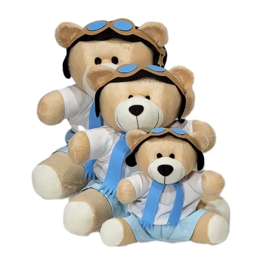 Trio Ursos Aviador Pelúcia para Nicho | Decoração Quarto Bebê Menino Kit 3 Ursinhos