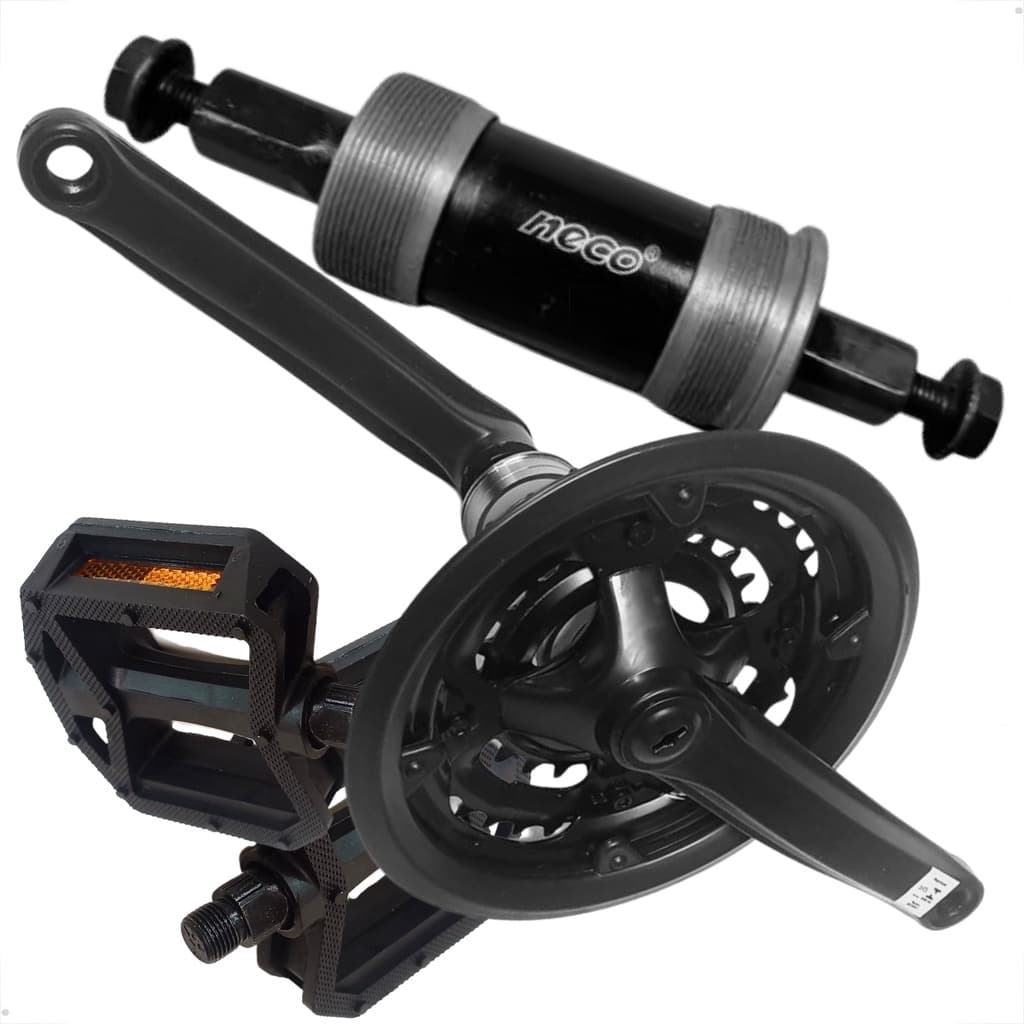 Kit Pedivela Ponta Quadrada Coroa Tripla com Movimento Central 122,5mm e Pedais 9/16 Preto