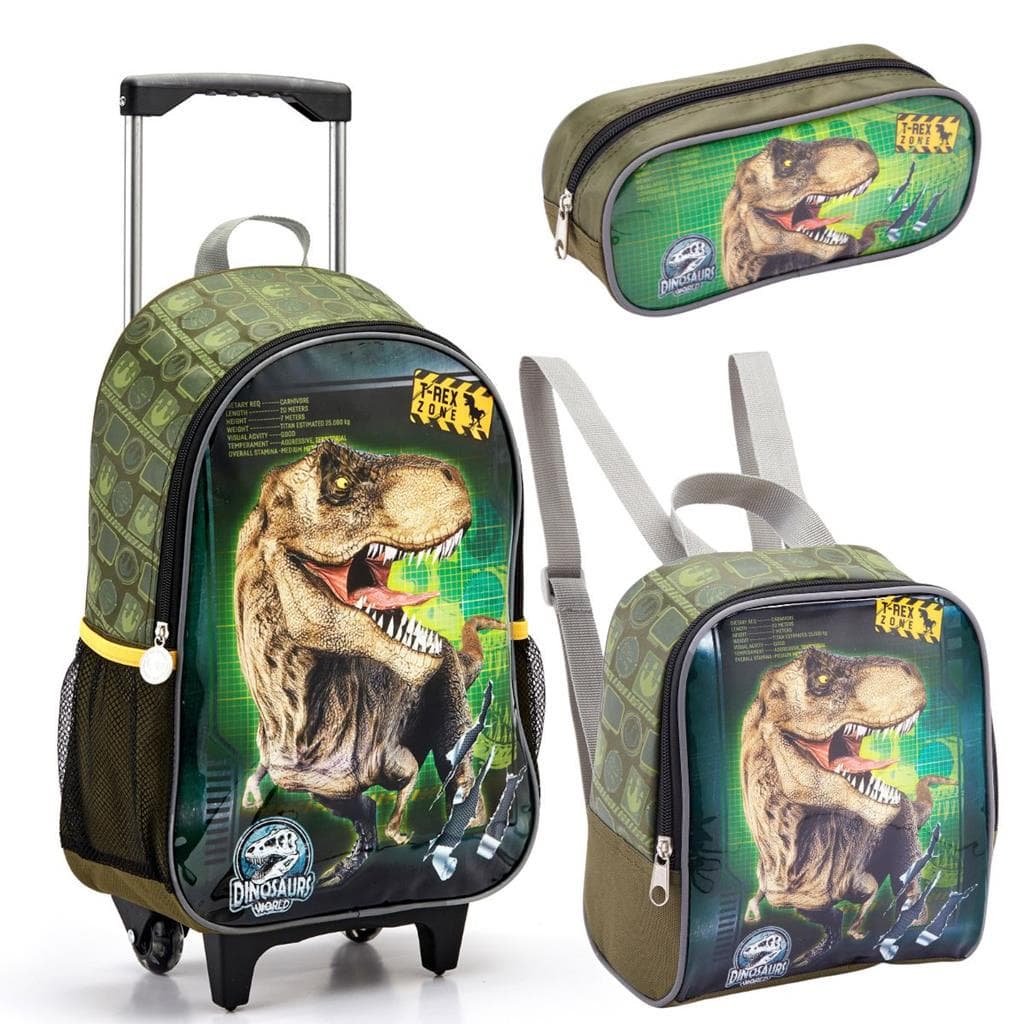 Kit Mochila Rodinha Lancheira Estojo Infantil Escolar Menino Dinossauro Rex Seanite
