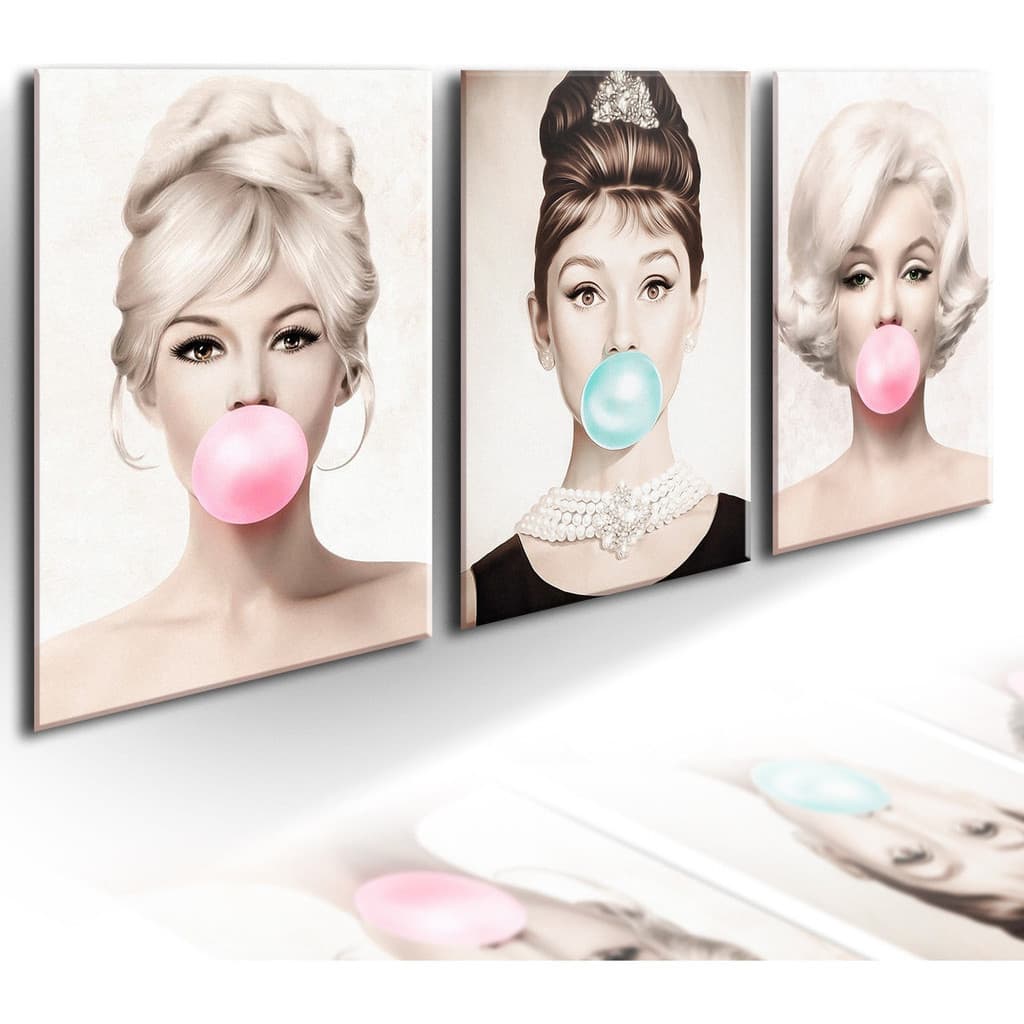 Kit 3 quadros decorativos mosaico vinílicos mulheres famosas chiclete divas pop