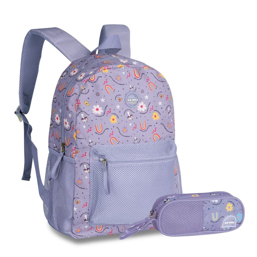 Kit Mochila Good Vibes de Costas C/ Estojo Duplo Rainbow Escolar Juvenil Feminina - Clio