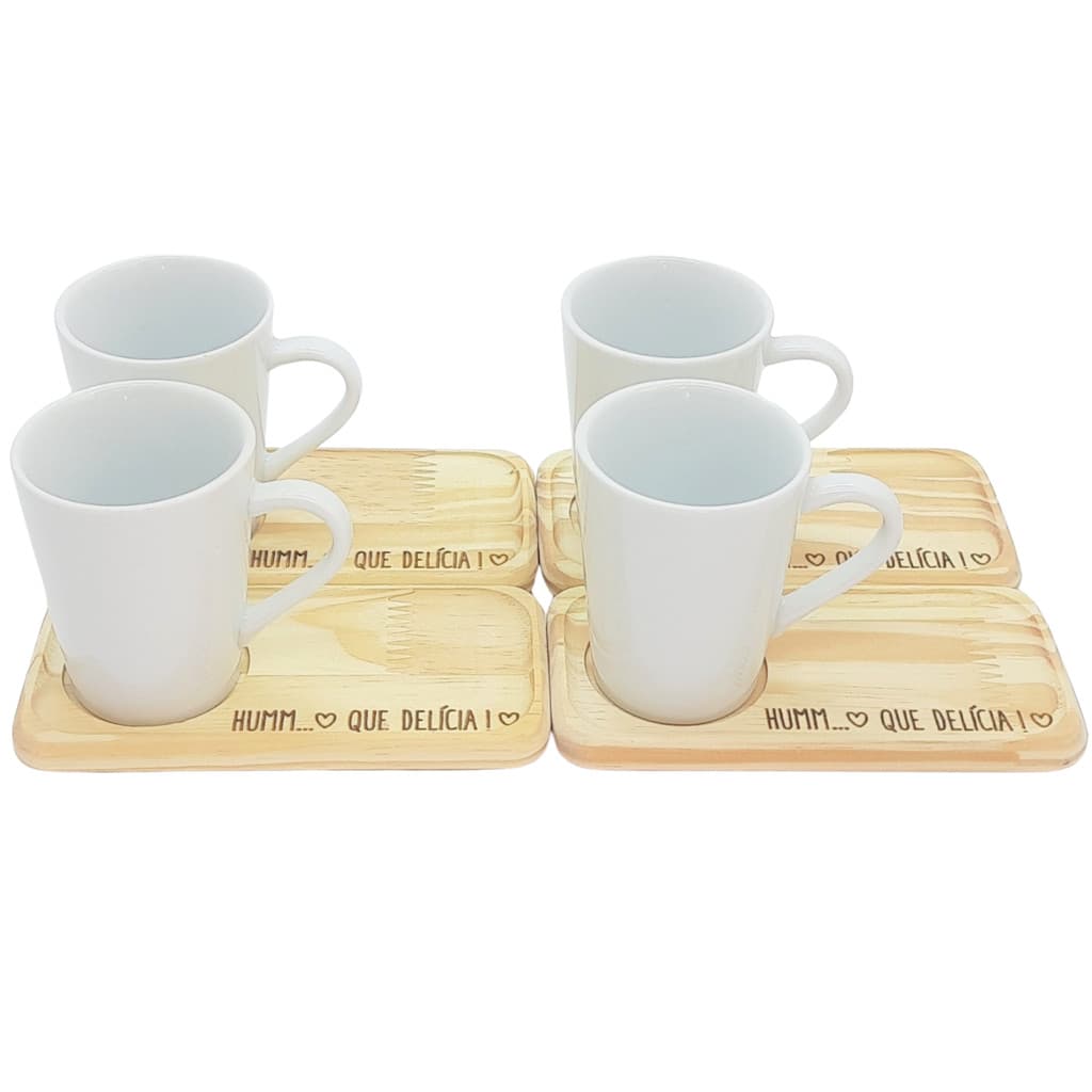 kit Jogo 4 canecas café/chá cônicas 220ml c/ pires Pinus - Porcelana branca