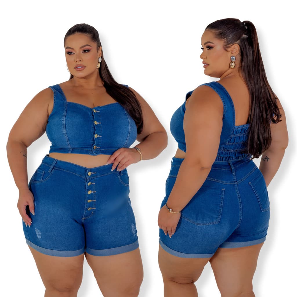 Conjunto Jeans Plus Size Feminino Cropped e Short com lycra