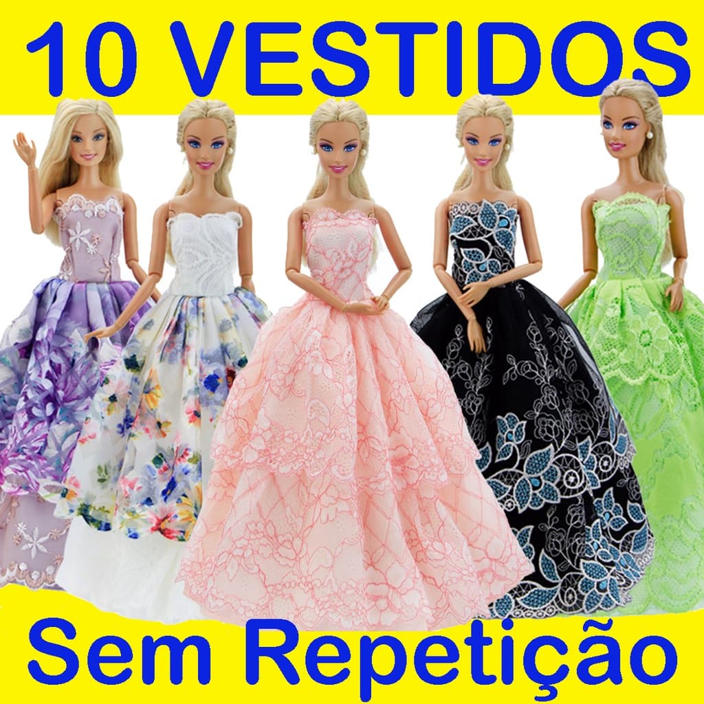 Kit de Vestidos para Bonecas 10 Vestidos Longos de Festa / Princesa Compatíveis com Bonecas de Até 30 Centímetros de Altura Confecção Própria Feitos No Brasil - Sheilinha Confecção